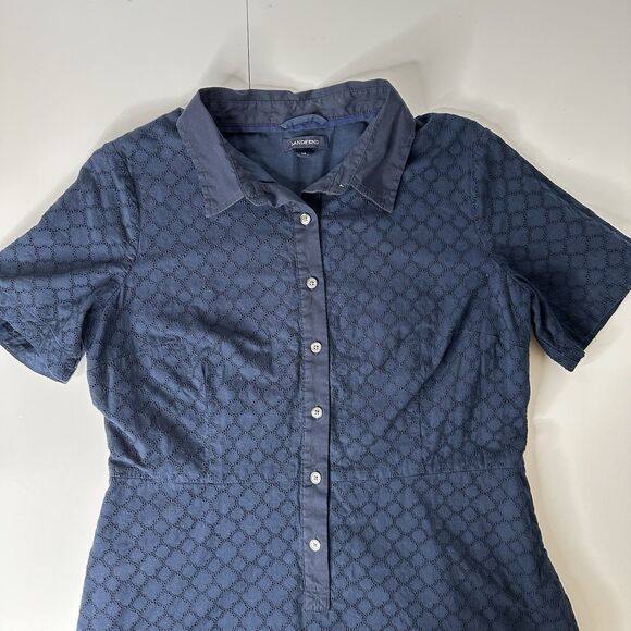 Lands End Eyelet Popover Dress Sz 14 Navy Blue Midi Vacation Career Pockets - Picture 7 of 15